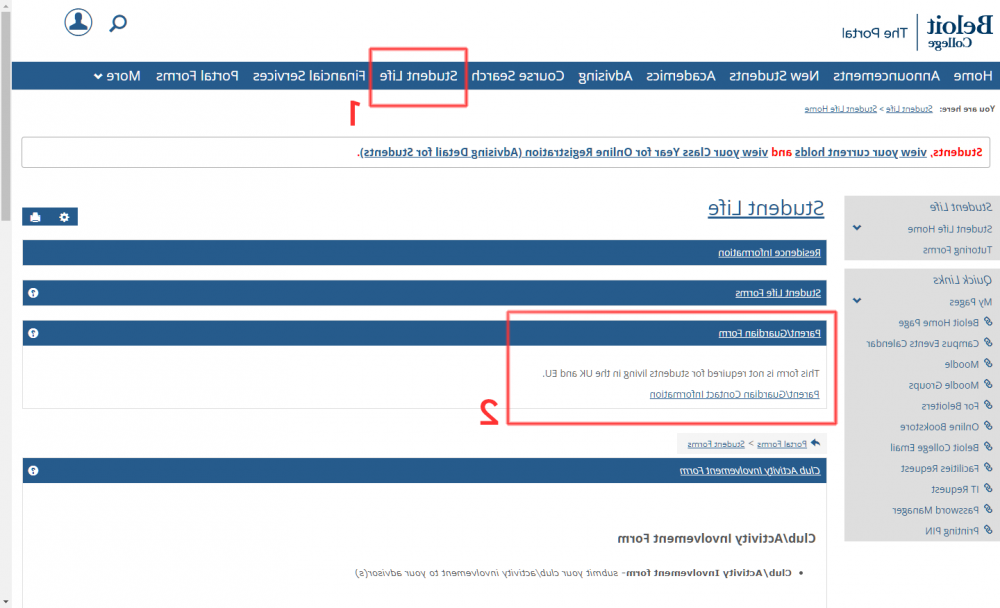 A screenshot of the Portal, showing how to access the parent and guardian update form under Student Life.